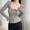 Thin Sweet Slim Tops Square Neck Lace Up T-shirt All-Match Long Sleeve T-shirt  Girls