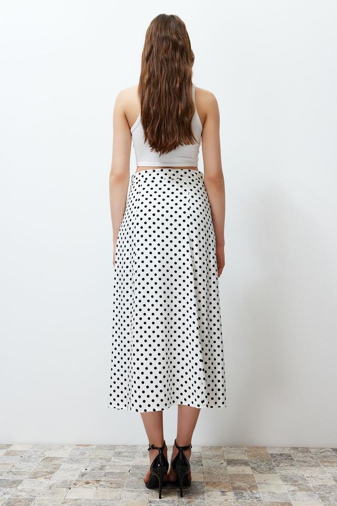 Women's Style Skirt Ecru Polka Dot Slit Detailed Viscose Midi Woven Skirt