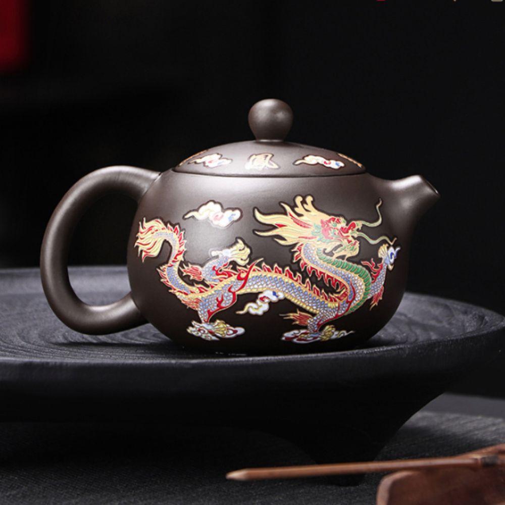 Hand-made Changes Color Purple Clay Teapot Dragons Phoenixs Pattern Tea Infuser  Living Room