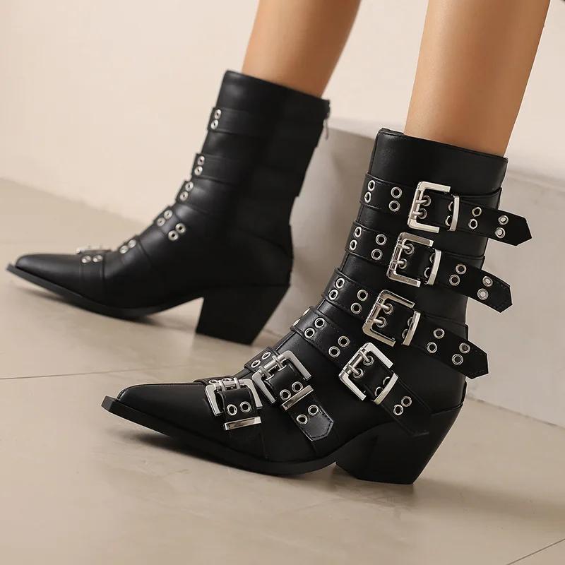 Women's Fashion Patent Leather Pointed Punk Style Belt Buckle Pullback Short Boots European and American Sexy Banquet Boots