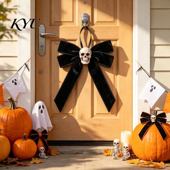 Black Velvet Skull Decor Halloween Bows with Ornaments for Tree Decoration, Gothic Pendant Flannel Bow Hanging Home Holiday Party Retro Distressed