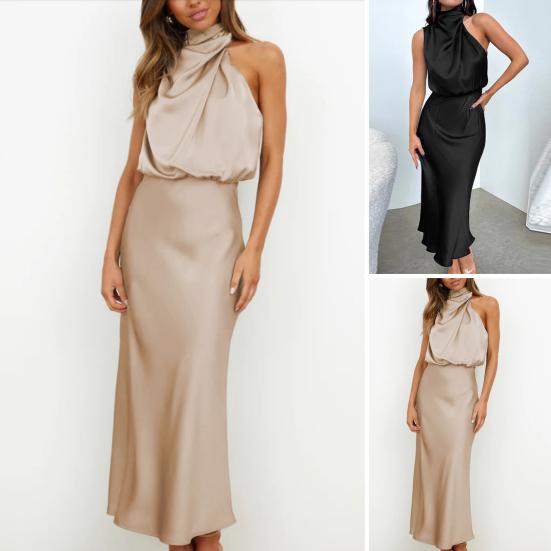 Облегающее женское платье с воротником-стойкой и лямкой на шее без рукавов, гладкое атласное вечернее платье миди со свободным подолом
