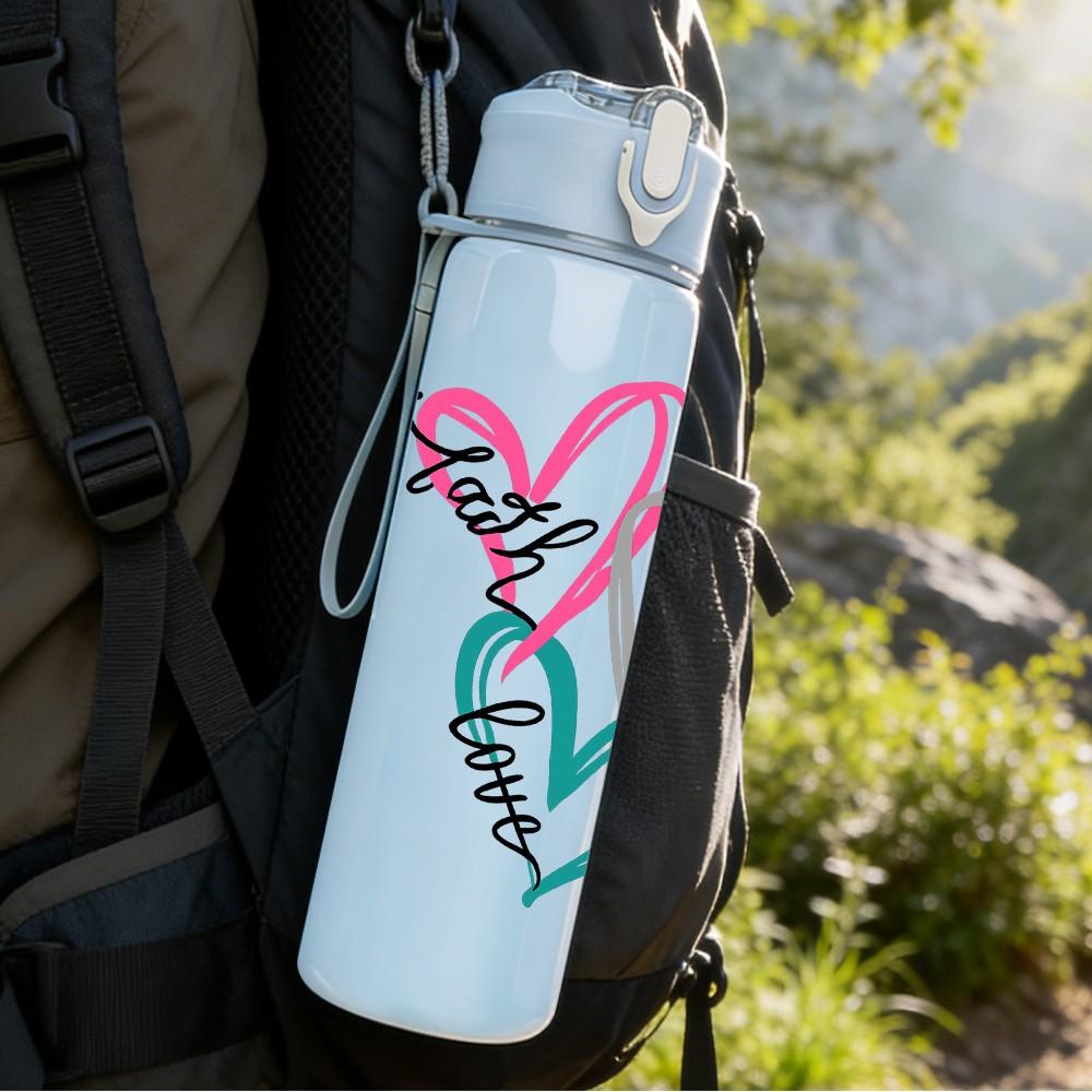 1PC Layered Paper Heart Love Print 750ml Color Plastic Sports Water Bottle Leakproof Flip Straw Lid Suitable for Sports Office Home Use