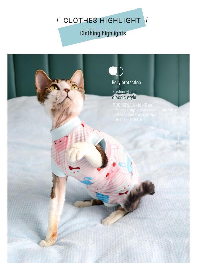 Жилет MOORSPET для кошек породы сфинкс, весна/лето - легкий хлопок, защита живота, дизайн с четырьмя лапами для лысых кошек