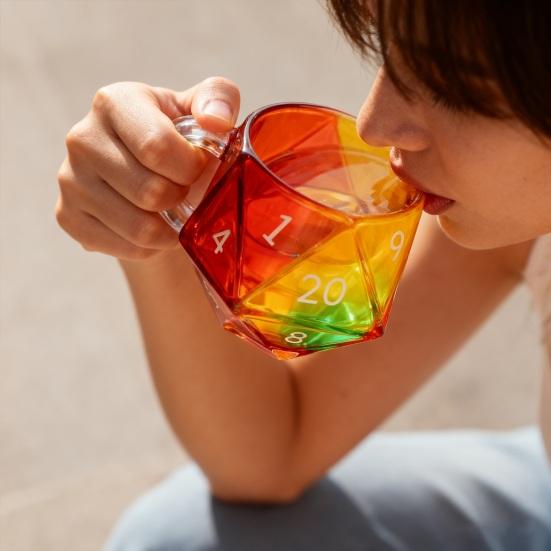 Rainbow D20 Dice Mug with Handle Colorful Polyhedral Glass Coffee Cup for Gamers Unique Gift for Tabletop RPG Fantasy Enthusiasts