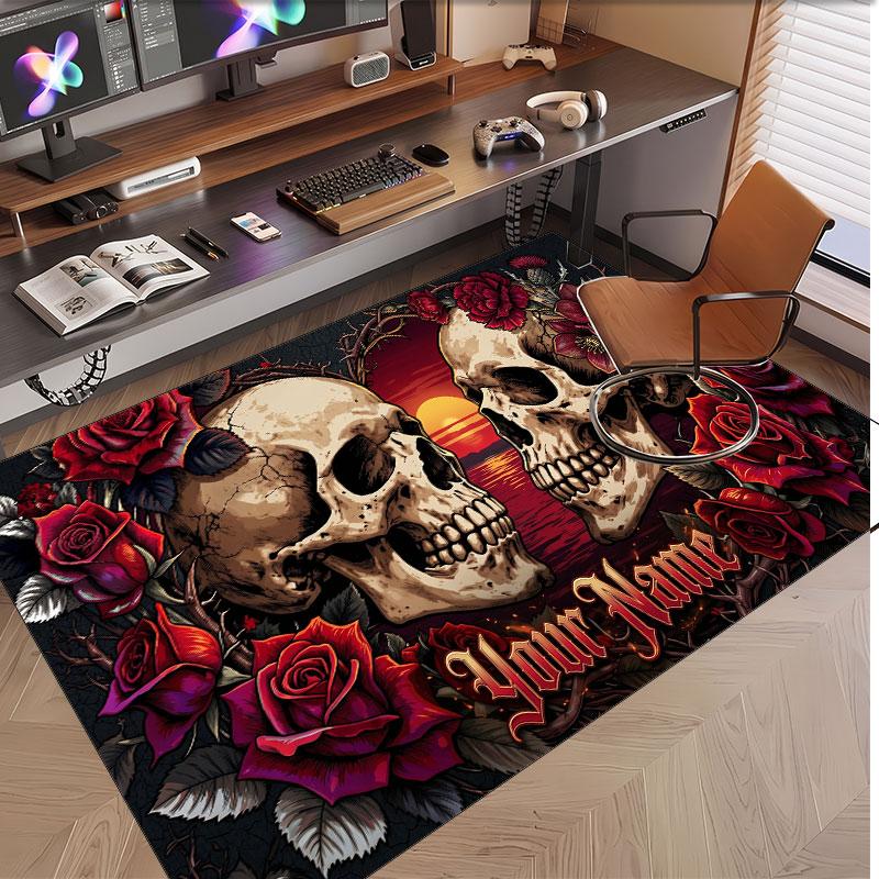 Skull Gothic Theme Soft Crystal Velvet Rug Custom Name & Text Print Non Slip Floor Rug for Bedroom Living Room