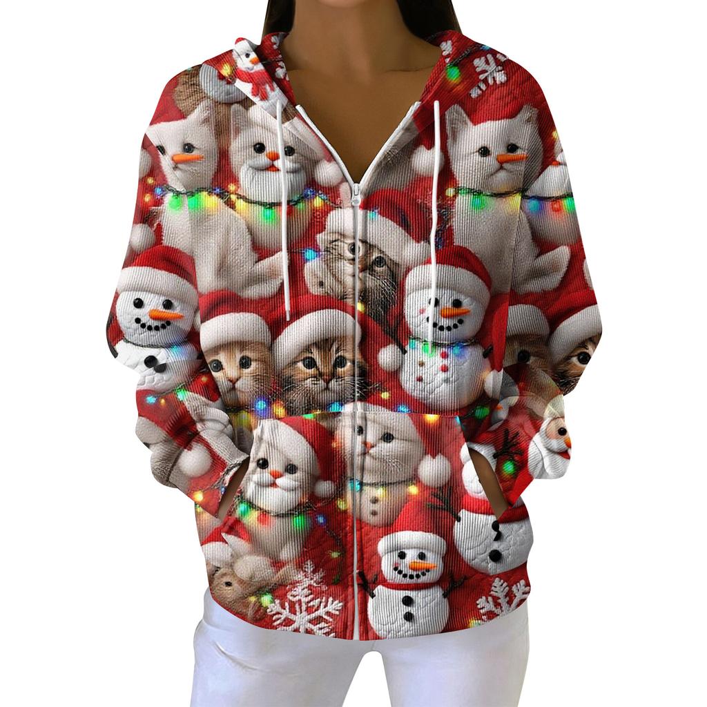 Женская повседневная модная вязаная толстовка с длинными рукавами и застежкой-молнией, с рождественским принтом