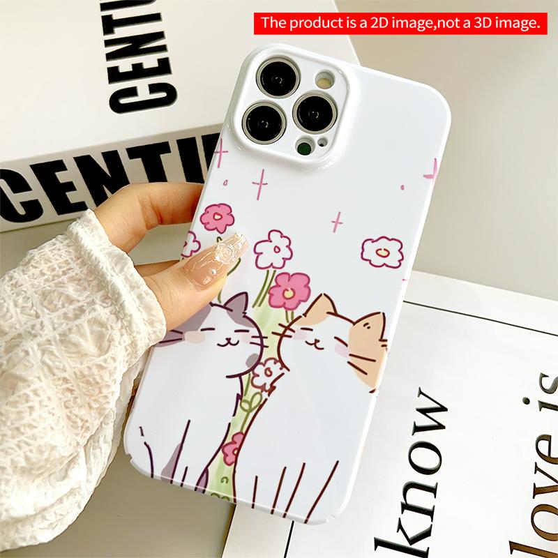 2DFlat Cute Cats in Flower Garden Phone Case All inclusive film hard iPhone case, compatible with iPhone 18 Pro Max 17 16 15 14 13 12 11