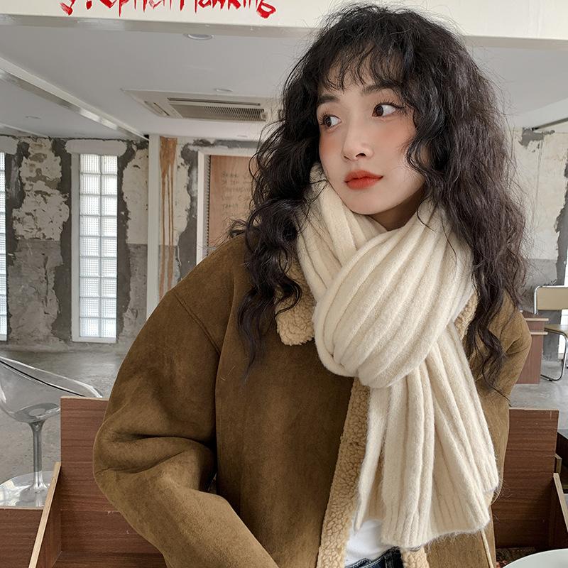 Ge Xinyi Wool Knitted Scarf Women's Autumn and Winter Thickened Warm Scarf Student Solid Color Trendy White