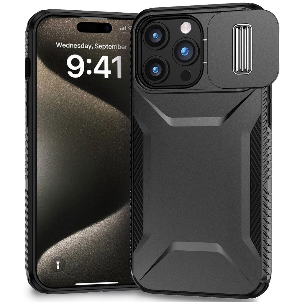 Чехол для iPhone 15 Pro, противоскользящий, из ПК+ТПУ, с выдвижной защитой камеры