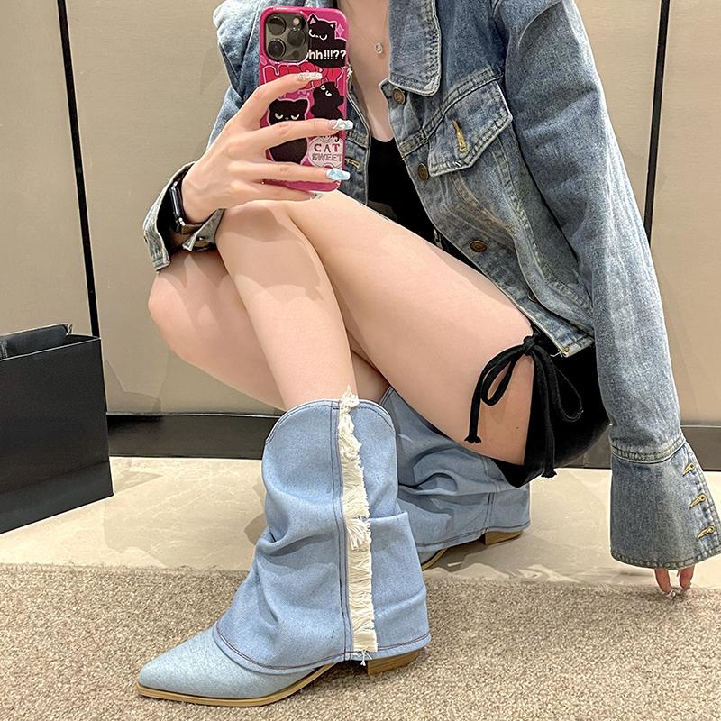 Женские сапоги 2024 года, осенние женские ковбойские сапоги с острым носком и квадратным каблуком, модные джинсовые туфли с кисточками, новые женские сапоги до середины икры