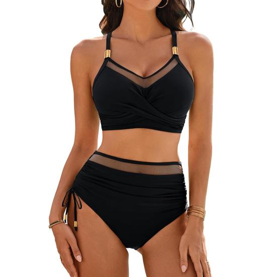 2 шт./комплект женский летний комплект бикини с V-образным вырезом бюстгальтер на бретелях с высокой талией и шнурком по бокам