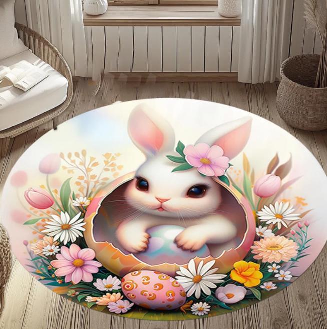 Easter Bunny Round Rug Floral Egg Decor Non-Slip Cotton Base Luxury Modern Area Rug Elegant Living Room Minimalist Mat Gift