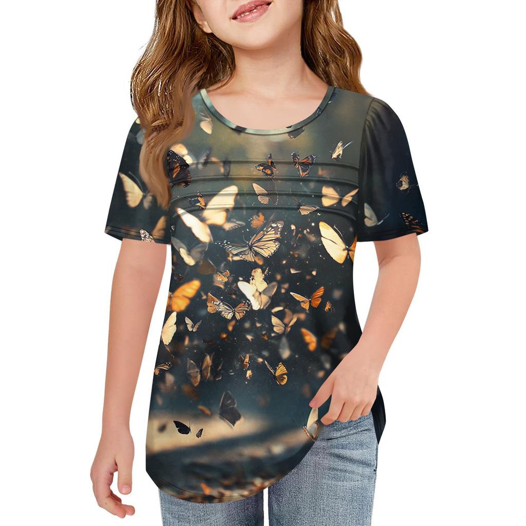 Детские футболки-складки, летние футболки с короткими рукавами и круглым воротником, с принтом цветов, пальто для отдыха