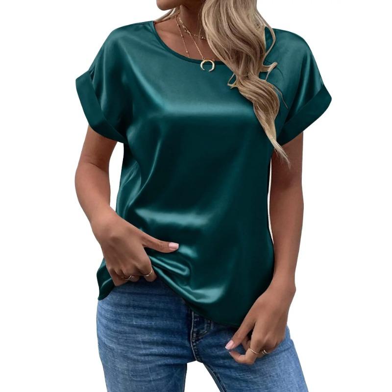 Spring and Summer New Women's Short Sleeve Satin Shirt Loose Casual Round Neck Colored Ding T-shirt Women
