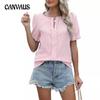 Ladies Spring and Summer New V-neck T-shirt Bubble Sleeve Jacquard Leisure Loose Short-sleeved Female