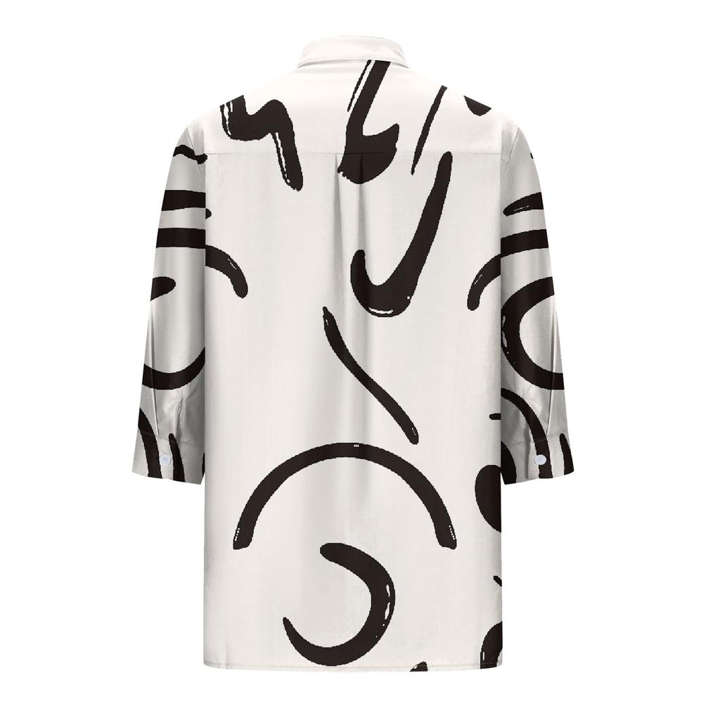 Women's Fashion Casual Shirt Button Loose Seven Sleeve Striped Patchwork Printed Top