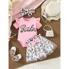 Girls' Clothing Double Layer Flutter Sleeve Letter Print Top with Lantern Bow Shorts Trendy Girls' Set