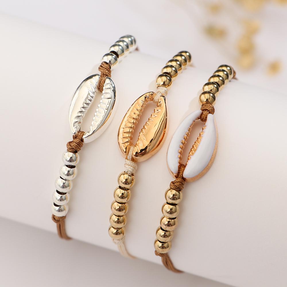 New Ethnic Gold Silver Handmade Weave Rope Bangles Shell Bead Bracelets Adjustable Bohemia