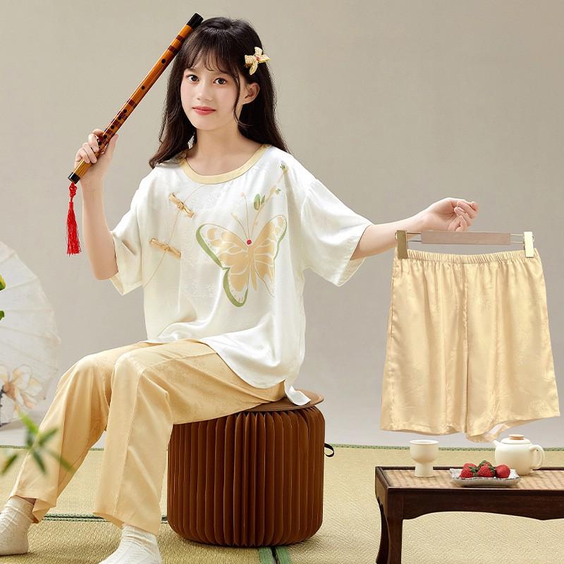 Girls Ice Silk Pajama Set Lightweight 3-Piece Chinese Style Sleepwear Kids Ages 8