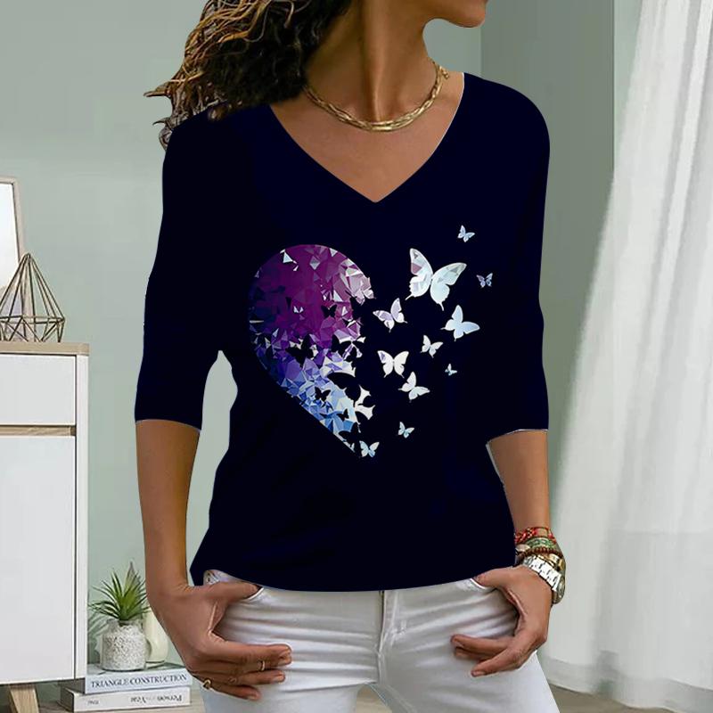 Love Butterfly Print Women Tshirts Ladies Tops Long Sleeve V-neck Pullover Femme T-shirts T Shirt For Women