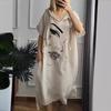 Women Dress Face Print Loose Hooded Drawstring Bohemian Short Sleeves Urban Style Slit Hem Pullover with Side Pocket Mid-calf Length Midi Dress