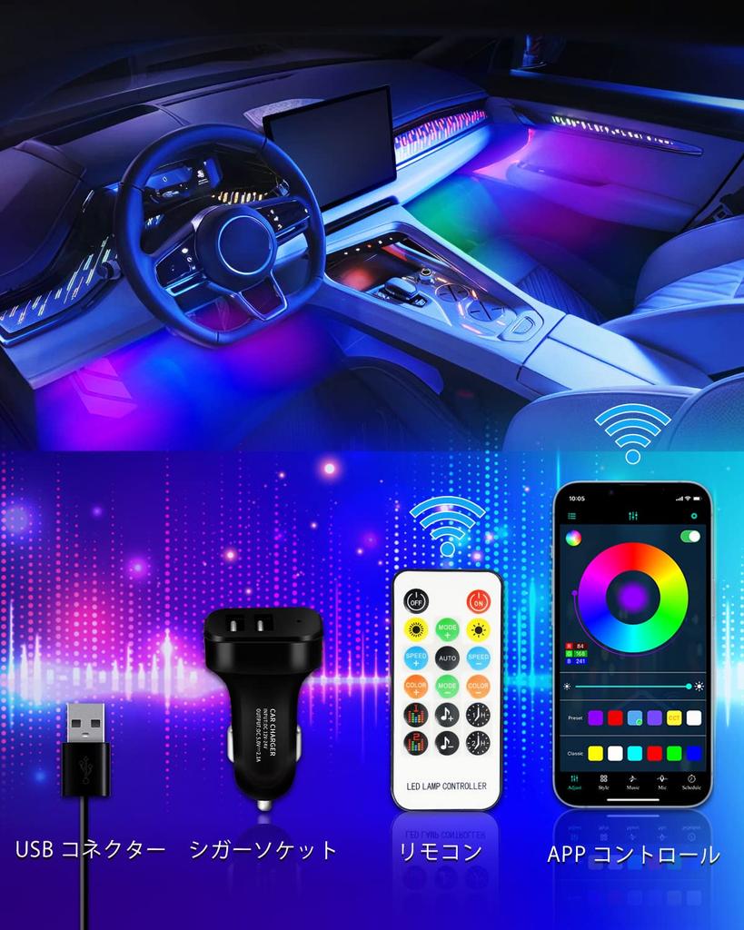 Car LED Strip Ambient Full Interior Decorative Ambient USB Cigarette Lighter Music App Remote 12V Lights, Footlights, Color, Illumination, Lighting,