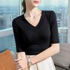 Black Mid-sleeved T-shirt for Women New Women's Clothing Style Deep V Half-sleeved T-shirt Waist-closed Thread Top