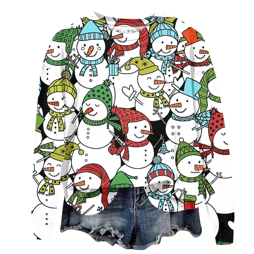 Женская модная рождественская принтованная толстовка с длинным рукавом и круглым вырезом