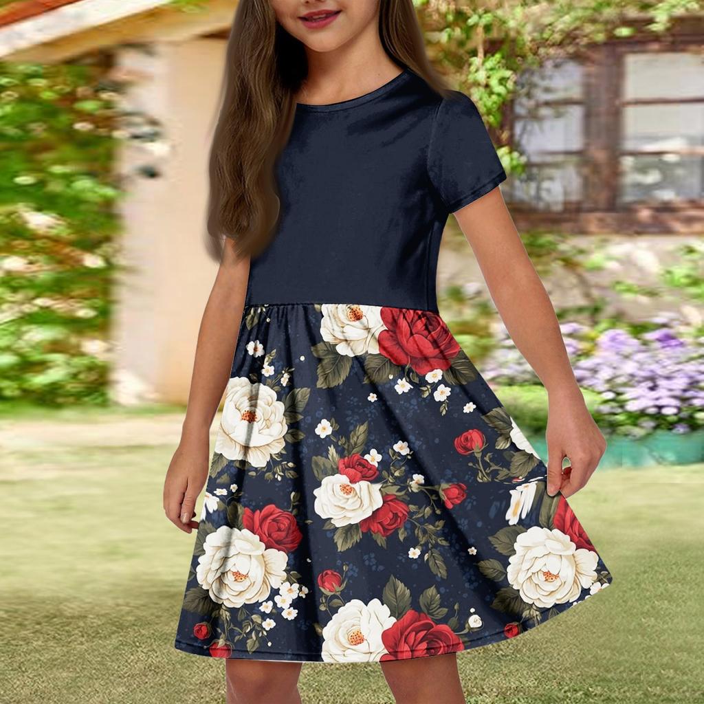 Летнее платье для девочек, однотонное платье без рукавов с принтом и карманом, повседневное платье, вечернее платье с короткими рукавами