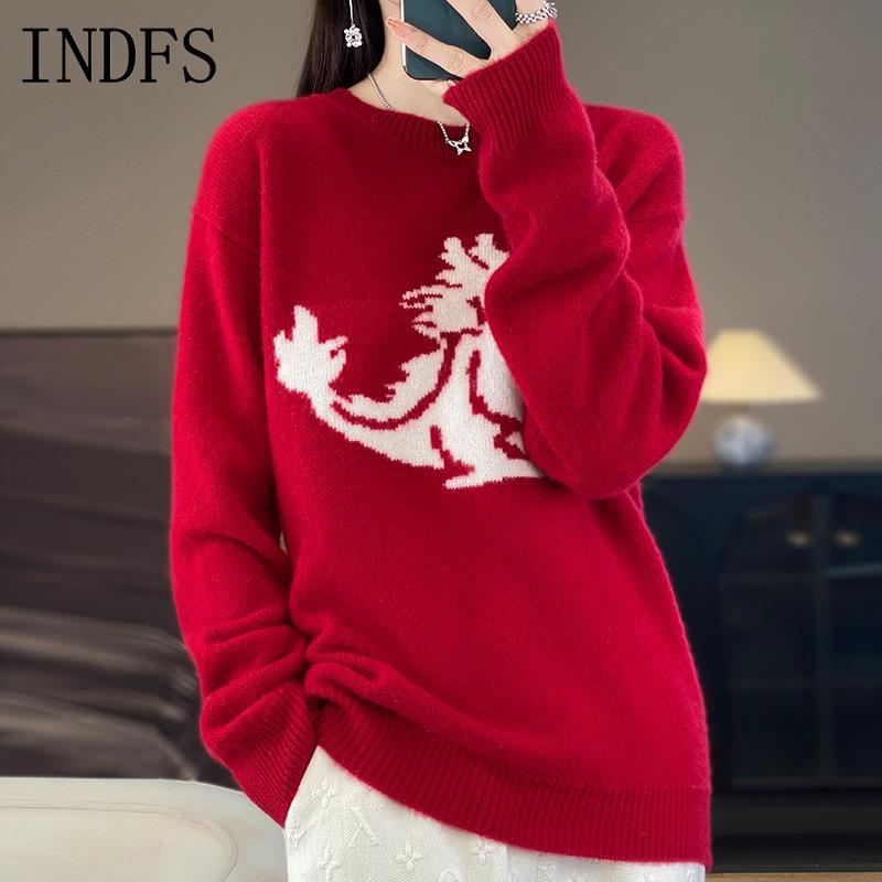 INDFS Women's Fashion Casual Fall Winter Long Sleeve O-Neck Sweaters