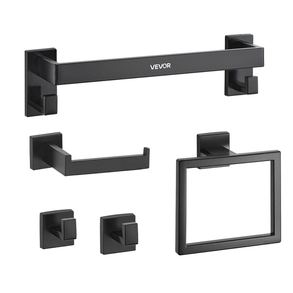 Matte Black Bathroom Hardware Set, 5 Pieces Bathroom Accessories Set, Stainless Steel 16 inch Towel Bar, Towel Rack, 2 Robe Towel Hooks, Toilet Paper