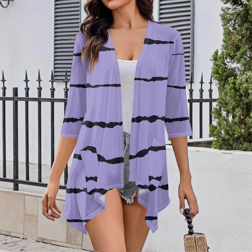 Женский кардиган неправильной формы с принтом, рукавами три четверти и карманной курткой