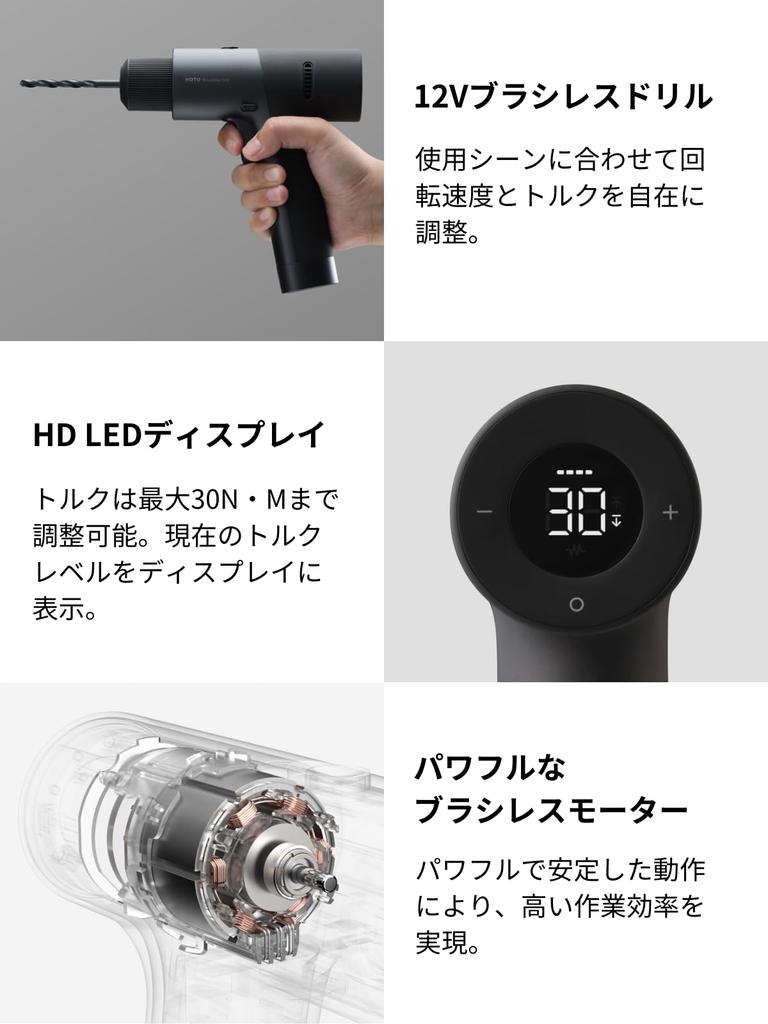 HOTO Набор инструментов: Бесщеточная дрель-шуруповерт 12 В с максимальной HD-подсветкой, 4 сверла для металла и магнитный молоток с резиновой ручкой из легированной стали S2, длинный нос