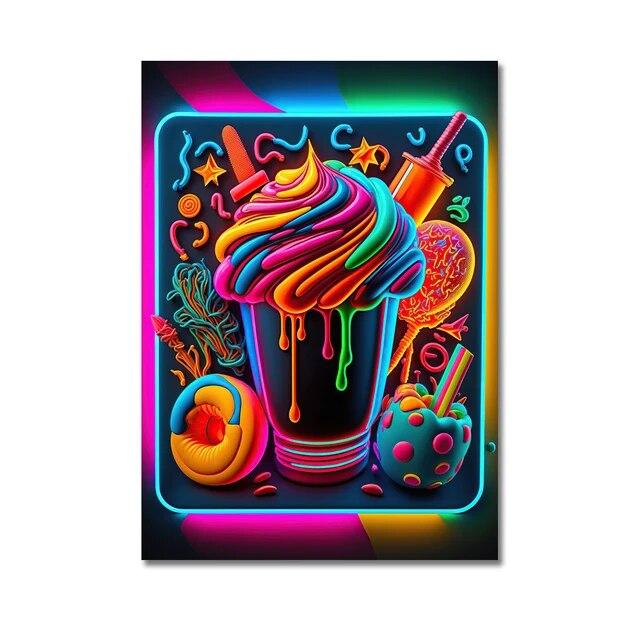 Неоновый арт, пицца, гамбургер, кофе, мороженое, плакат, настенная живопись на холсте, печатные изображения, ресторан быстрого питания, клубный бар, домашний декор без рамки