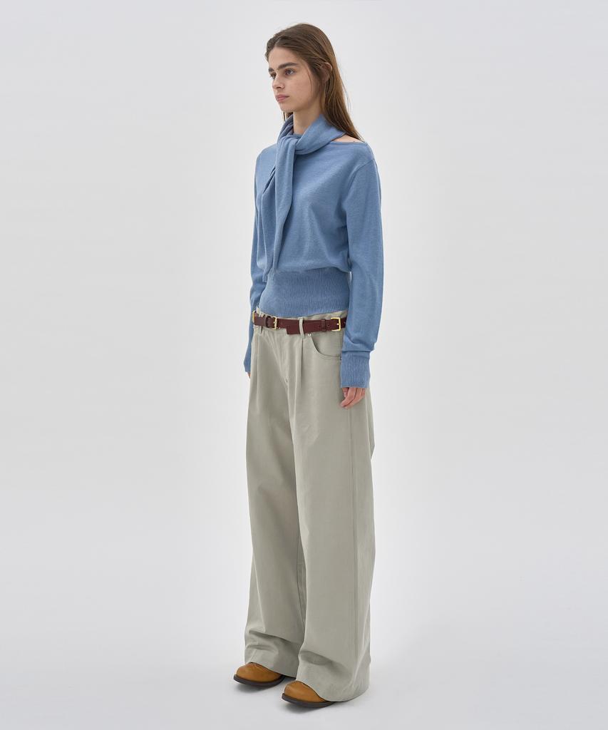 PARTIMENTO WOMEN Two-Way Asymmetrical Scarf Knit Crew Neck_Dusty Blue