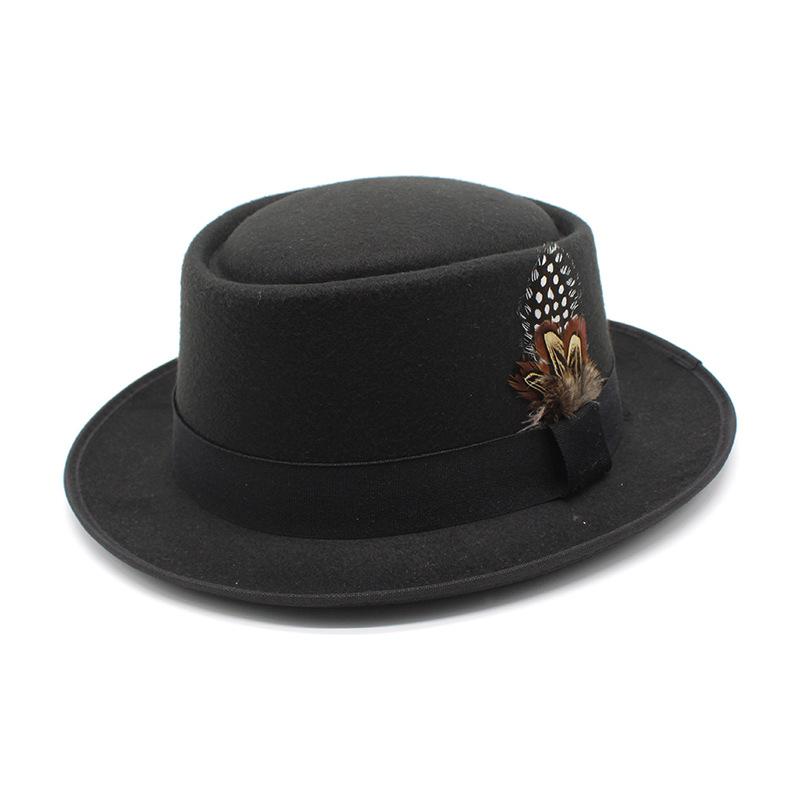 Hat Female British Retro Fashion Versatile Jazz Hat Flat Top Tweed Feather French Top Hat