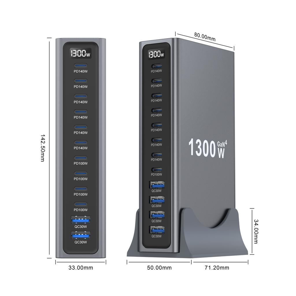 12-Port GaN Desktop Charging Station, 10 USB-C & 2 USB-A PD QC Fast Charger Hub Digital Display for Laptop IPhone Tablet