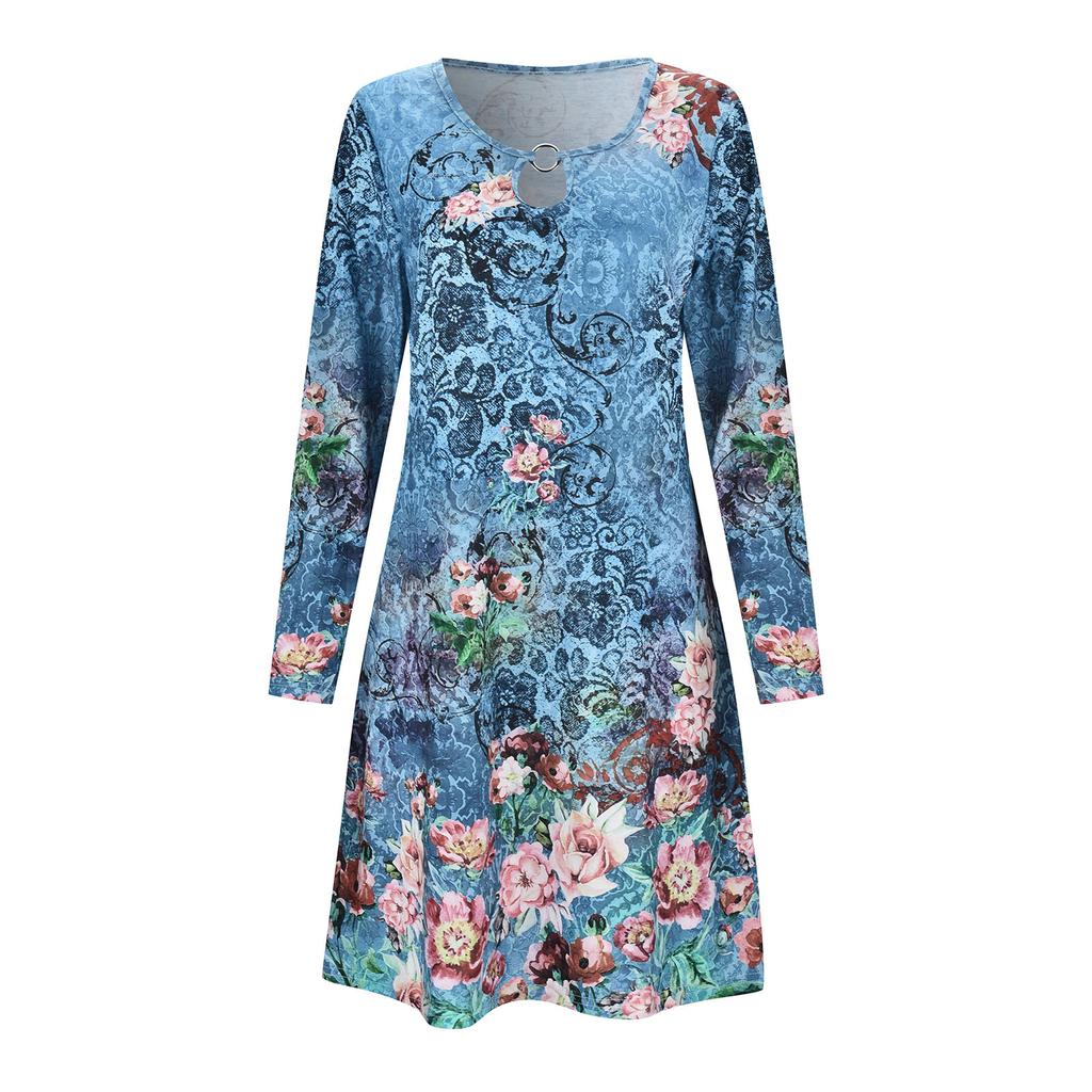 GMXIA Женская мода весна осень однотонный принт с длинным рукавом и круглым вырезом повседневные платья