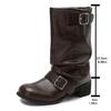 Large size round head four-season flat bottom thick heel European and American retro tooling fashion boots women's fashion belt buckle leather boots