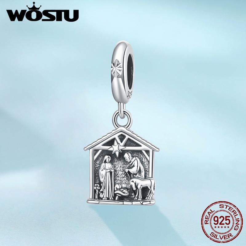 WOSTU Vintage 925 Sterling Silver Jesus Nativity Scene Charm The Birth Of Jesus Pendant Fit DIY Bracelet Neckalce