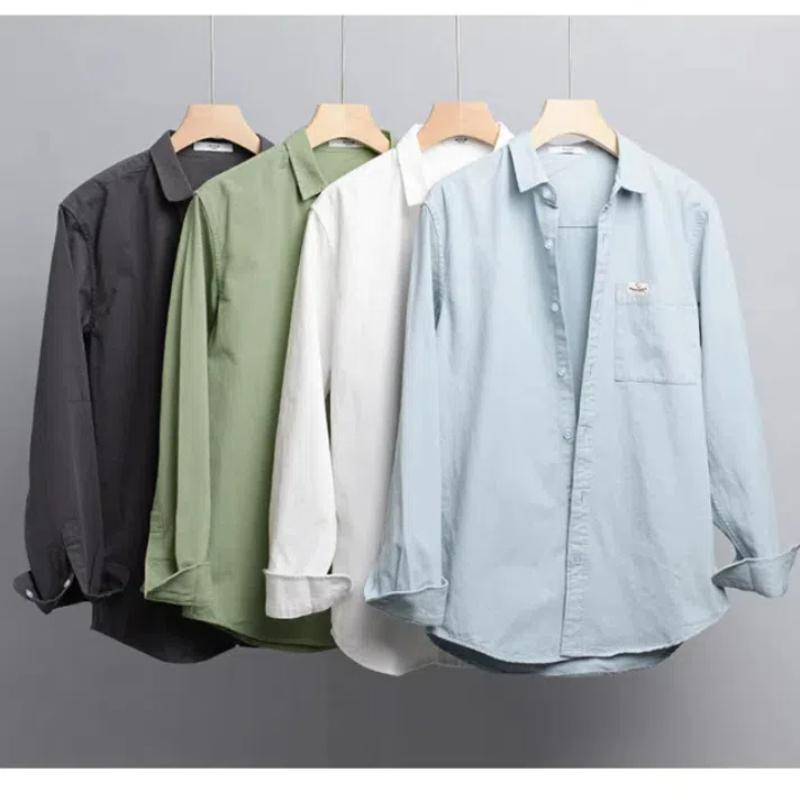 Весенне-летняя мужская рубашка с длинным рукавом в корейском стиле, молодежная повседневная рубашка из чистого хлопка для мужчин, однотонная рубашка с воротником-лацканами, пуговицами и карманом