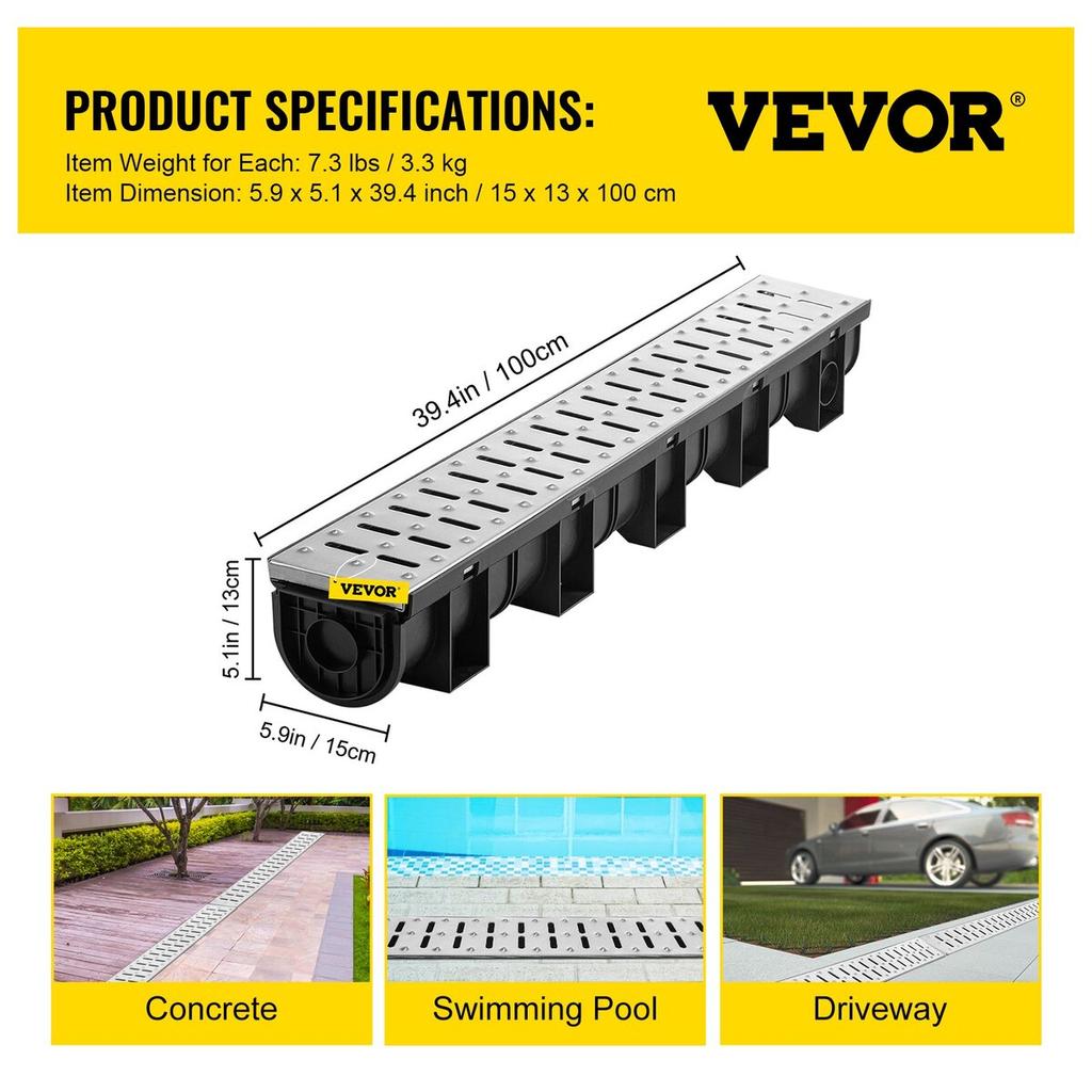 Trench Drain System, Channel Drain with Metal Grate, 150x130 mm HDPE Drainage Trench, Black Plastic Garage Floor Drain, 3x39 Trench Drain Grate, with