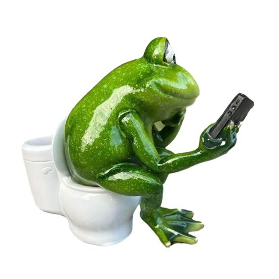 Забавная статуэтка лягушки, сидящей на унитазе, 3D-смола, зеленая лягушка, статуя со смартфоном, коллекционная скульптура животного для ванной комнаты, домашнего офиса, настольного декора