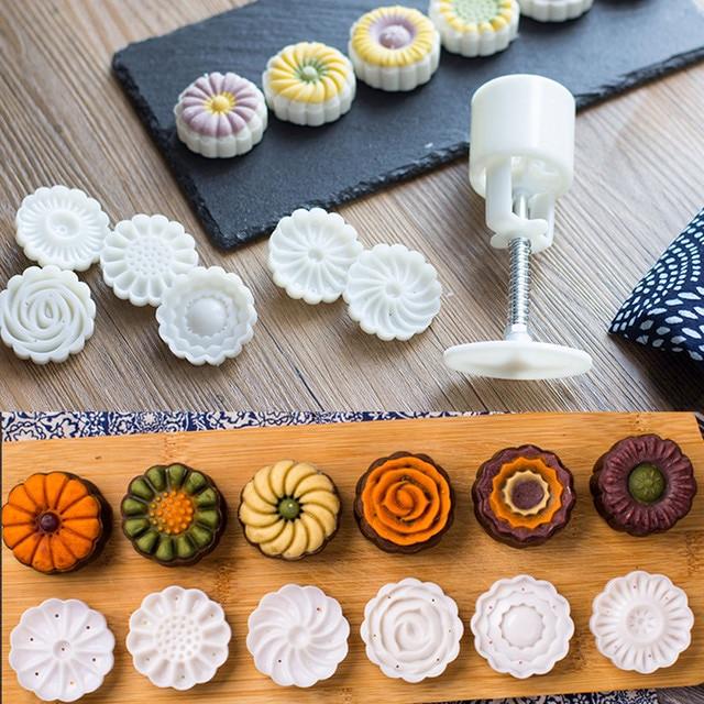 6pcs/set Flower Shaped Mooncake Mold Cake Mold Hand Pressure Fondant Moon Cake Decorating Tools Cookie Cutter Baking Tool