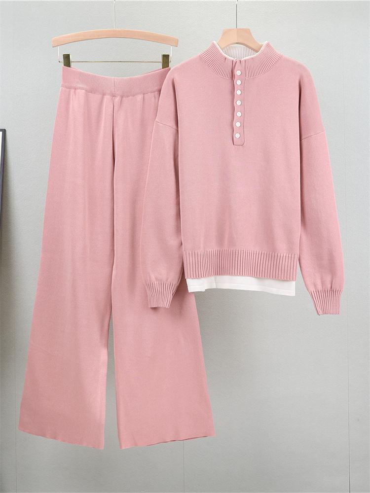 Женский осенний свободный комплект свитера в стиле маленького аромата из двух частей с имитацией двухслойности и вязаными брюками широкого кроя