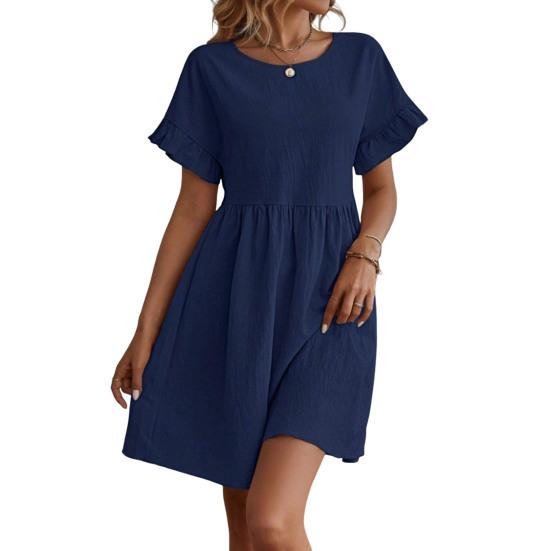 Летнее мини-платье с оборками, короткими рукавами, О-образным вырезом, плиссированное платье А-силуэта, однотонное платье со свободным подолом для свиданий, шопинга, путешествий