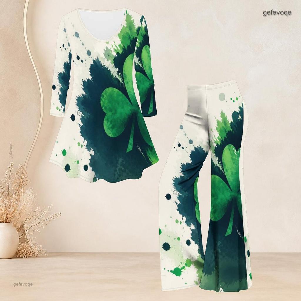 Women Plus Size Green Clover Printed Round Neck Three Quarter Sleeve Flared Top Flared Pants Two Piece Set