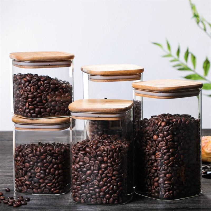Прозрачная квадратная герметичная банка, стеклянная банка для специй с крышкой, кухонный резервуар для хранения кофейных зерен, контейнер для еды