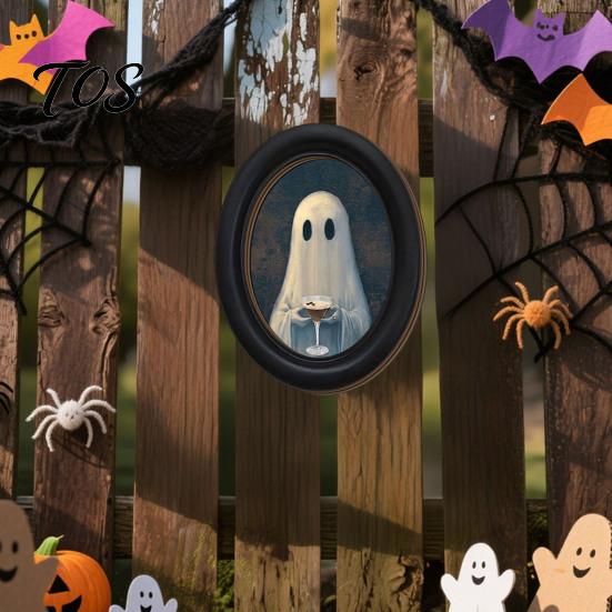 Waterproof Oil Painting Halloween Ghost Wall Decor, Cute Table Sign, Vintage Oval Framed Punch-free Art Picture, Decorative for Mantel Living
